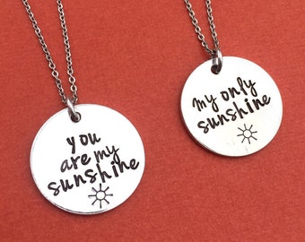 Set of 2 You Are My Sunshine - My Only Sunshine Necklaces, Hand Stamped Round Disk Pendant, Inspirational Quote, Mother's Day Gift for Her