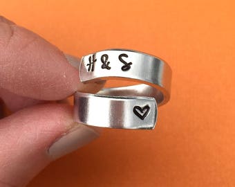 Customized Initial Hand Stamped Spiral Ring Aluminum Skinny Cuff Adjustable Personalized Gift - Valentines - Birthday - Wedding