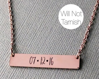 ROSE GOLD Bar Necklace Custom Date Necklace Wedding Gift Hand Stamped Necklace Rose Gold Necklace Personalized Gift Gift Idea for Wife Mom