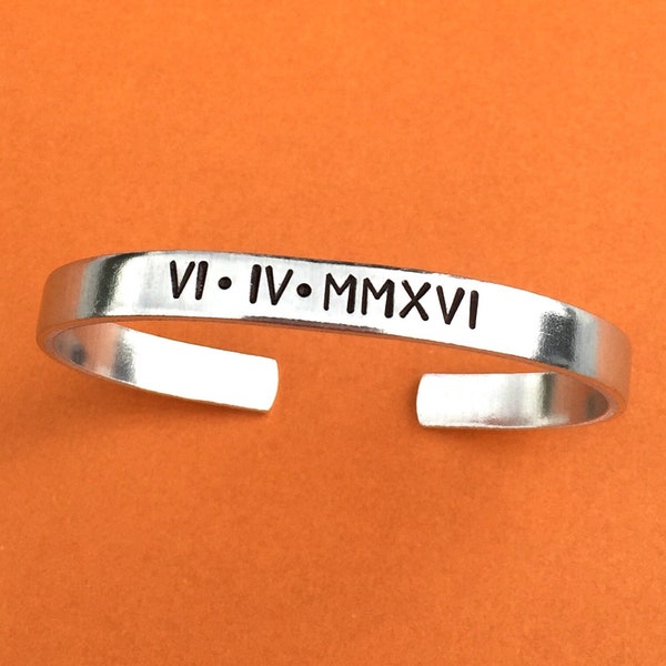 Roman Numeral Bracelet, Personalized Gift For Her, Custom Hand Stamped Bracelet, Date Bracelet, Stacking Bracelet, Wedding Gift, Anniversary