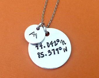 Coordinates Hand Stamped Necklace, Graduation Gift, Mountain Necklace, GPS Coordinates, Personalized Jewelry, Custom Coordinates, Vacation