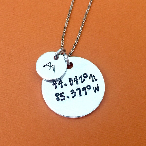 Coordinates Hand Stamped Necklace, Graduation Gift, Mountain Necklace, GPS Coordinates, Personalized Jewelry, Custom Coordinates, Vacation