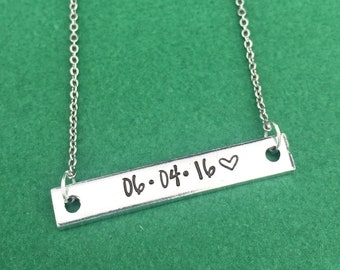 Personalized Bar Necklace, Custom Hand Stamped Necklace, Personalized Gift, Date Necklace, Anniversary Gift, Long Distance Relationship