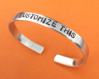 Hand Stamped Bracelet, Customized Aluminum Skinny Cuff, Bangle Bracelet, Personalized Gift, Graduation Gift, Birthday, Mothers Day Gift