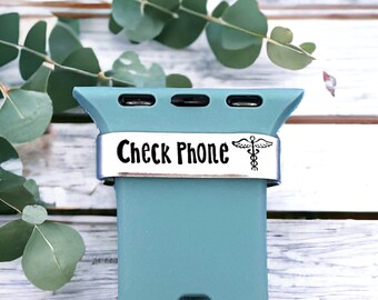 Medical Alert Watch Charm - Check Phone For Medical ID Tag ICE - Hand Stamped Charms For Smartwatch - For Wristband