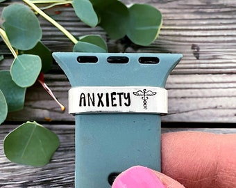 Anxiety Charm For Smart Watch, Medical Alert Watch Band Charm, Emergency Medical Tag Slides Onto Band, Made of Aluminum Hand Stamped