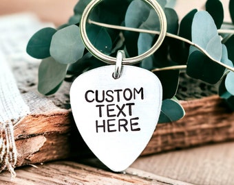 Custom Hand Stamped Guitar Pick Keychain Fathers Day Gift Dad Gift Boyfriend Gift Music Gift Guitar Pick Personalized Mens Gift Anniversary