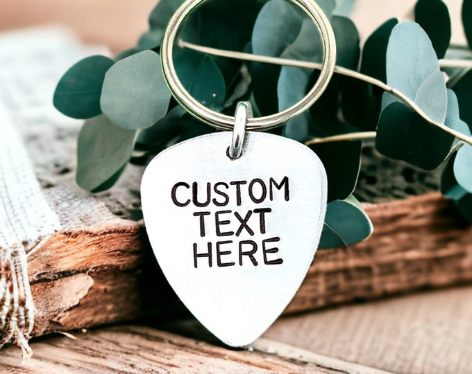 Custom Hand Stamped Guitar Pick Keychain Fathers Day Gift Dad Gift Boyfriend Gift Music Gift Guitar Pick Personalized Mens Gift Anniversary