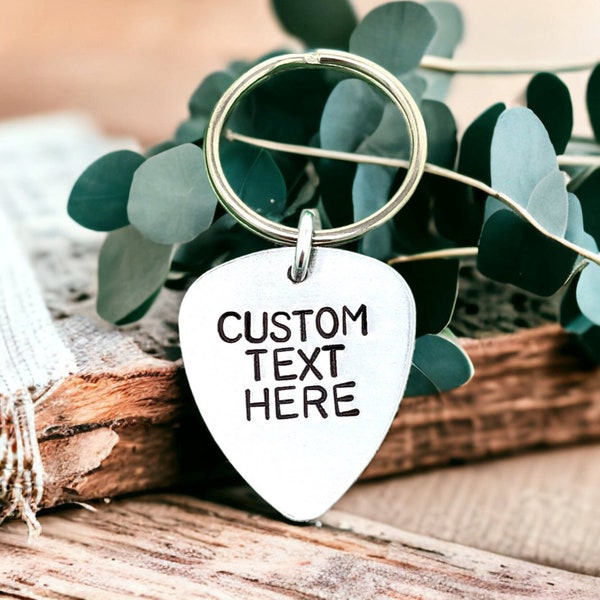 Custom Hand Stamped Guitar Pick Keychain Fathers Day Gift Dad Gift Boyfriend Gift Music Gift Guitar Pick Personalized Mens Gift Anniversary