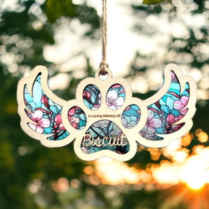 Pet Memorial Sun Catcher, Rainbow Bridge Pet Loss, Personalized Name and Four Suncatcher Design Options, Cat Dog Paw Print Remembrance Gift