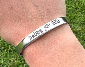 Class of 2023 Custom Hand Stamped Bracelet, Graduation Gift For Her, Graduating High School Senior College Grad Personalized Name Bracelet