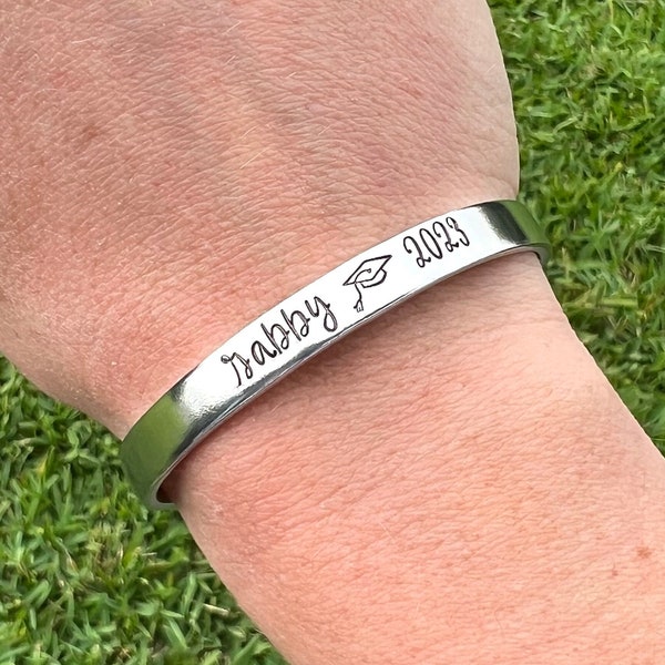 Class of 2023 Custom Hand Stamped Bracelet, Graduation Gift For Her, Graduating High School Senior College Grad Personalized Name Bracelet