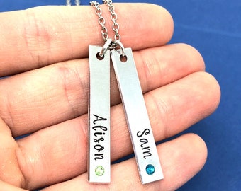 Name Necklace, Birthstone Bar, Hand Stamped Gift, Personalized Jewelry, Double Vertical Bar Necklace, Skinny Bar, Mothers Day Gift Wedding