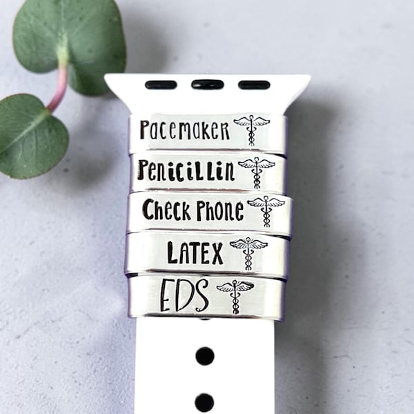 Personalized Medical Alert Watch Band Charm, Aluminum ID Tag, Smart Watch Cuff Slide