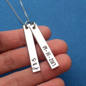 Initial Necklace, Hand Stamped Wedding Gift, Personalized Jewelry, DOUBLE Vertical Bar Necklace, Skinny Bar, Anniversary Gift, Date Necklace