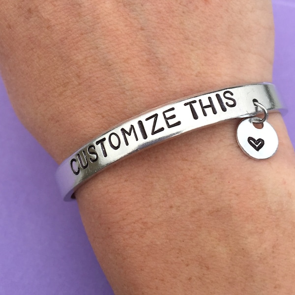 Customized Hand Stamped Bracelet with Charm, Aluminum Cuff, Personalized Gift, Charm Bracelet, Skinny Bangle For Her, Stocking Stuffer Gift