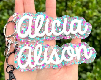 Custom Name Keychain Glitter Dots, Personalized Kids Bag Tag Made of Acrylic, Keychains For Women, Back To School Childs Backpack Tag Gift