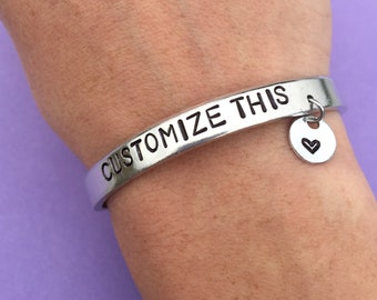 Customized Hand Stamped Bracelet with Charm, Aluminum Cuff, Personalized Gift, Charm Bracelet, Skinny Bangle For Her, Stocking Stuffer Gift