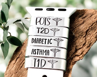 Personalized Medical Alert Watch Band Charm, Medical ID Tag, Smart Watch Charm Band, Watch Cuff Bar, Slide For Watch, Allergies, Conditions