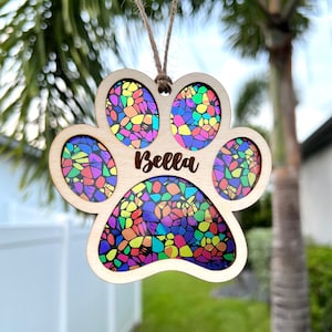Pet Memorial Sun Catcher, Rainbow Bridge Pet Loss, Personalized Name and Four Suncatcher Design Options, Cat Dog Paw Print Remembrance Gift