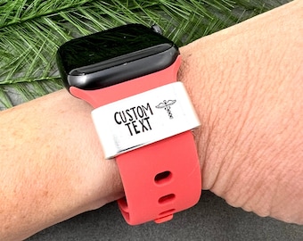 Custom text watch band charm, Slides onto smartwatch bands, Hand stamped aluminum tag with personalized medical information for emergencies