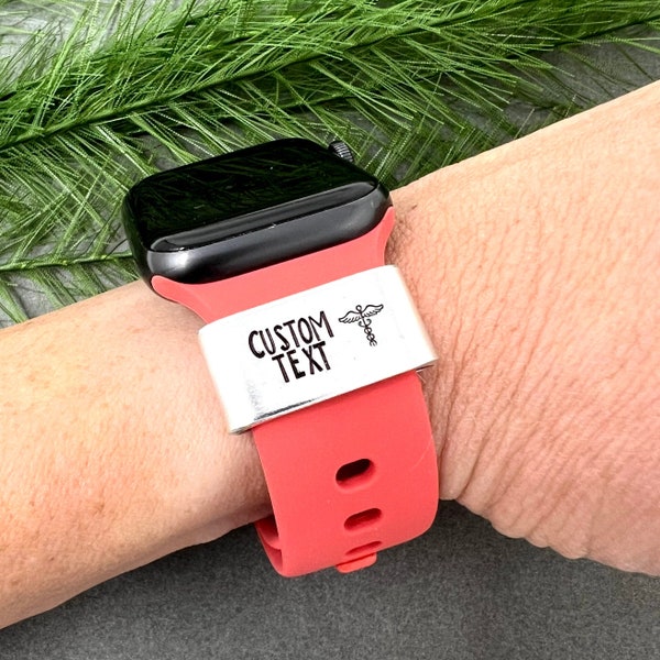 Custom text watch band charm, Slides onto smartwatch bands, Hand stamped aluminum tag with personalized medical information for emergencies