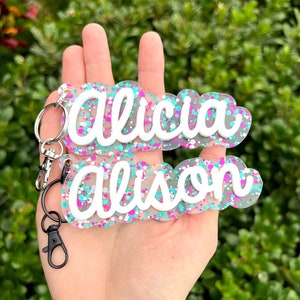 Custom Name Keychain Glitter Dots, Personalized Kids Bag Tag Made of Acrylic, Keychains For Women, Back To School Childs Backpack Tag Gift