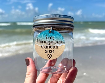 Plastic Honeymoon Keepsake Jar, Sand Shells and Beach Finds Container From Your Wedding Vacation Trip, Custom with Destination and Year
