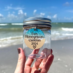 Plastic Honeymoon Keepsake Jar, Sand Shells and Beach Finds Container From Your Wedding Vacation Trip, Custom with Destination and Year