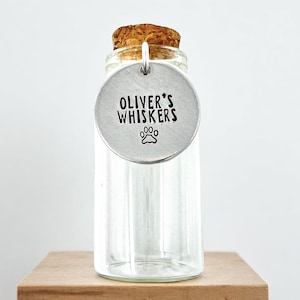 Personalized Pet Whiskers Jar with Cork & Hand Stamped Paw Print Tag, Custom Name Keepsake Gift for Cat Dog Lovers, Memorial Rainbow Bridge