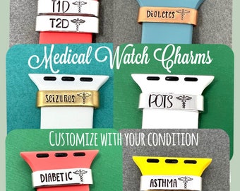 Personalized Watch Charms, Medical Alert Watch Band Charm, Medical ID Tag Smart Watch Cuff Bar, Allergies, Diabetic, Epileptic, Custom Charm