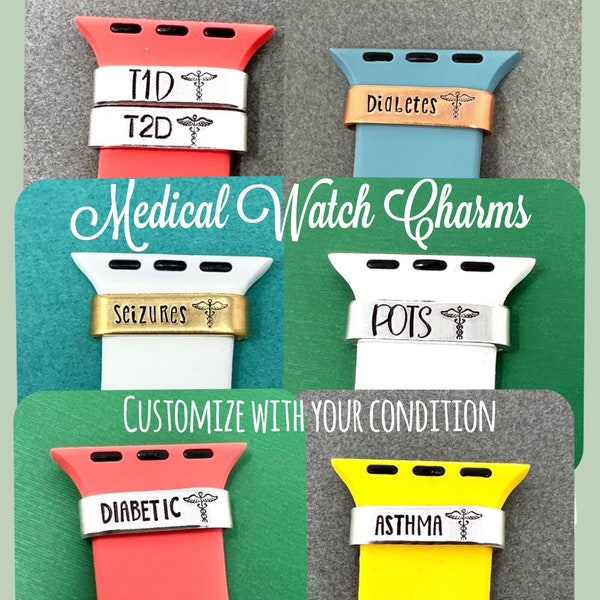 Personalized Watch Charms, Medical Alert Watch Band Charm, Medical ID Tag Smart Watch Cuff Bar, Allergies, Diabetic, Epileptic, Custom Charm