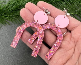 Pink Glitter Dangle Drop Earrings for Women Girls Stud Earrings Made of Acrylic Statement Jewelry Cute Sparkly Arch Teen Stocking Stuffer