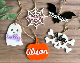Halloween Basket Tag | Personalized Trick Or Treat Bucket | Kids Boo Basket Name Tag | Bat Ghost Pumpkin Skull Spider Web | Custom Made
