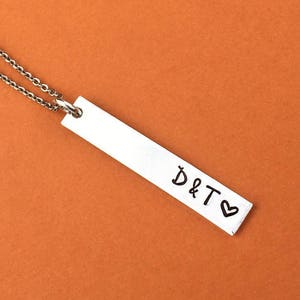 Initial Necklace, Hand Stamped Necklace, Wedding Gift, Personalized Jewelry, Vertical Bar Necklace, Skinny Bar, Anniversary Gift Friend Gift