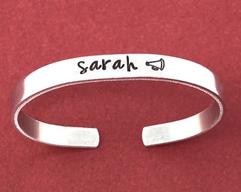 Personalized Gift, Cheerleader Jewelry, Hand Stamped Bracelet, Name Bracelet, Skinny Cuff Bracelet, Cheer Gifts, Megaphone Jewelry, For Her