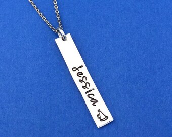 Hand Stamped Necklace, Name Necklace, Cheerleading Gift, Vertical Bar Necklace, Cheer Gift, Personalized Jewelry, Skinny Bar Necklace