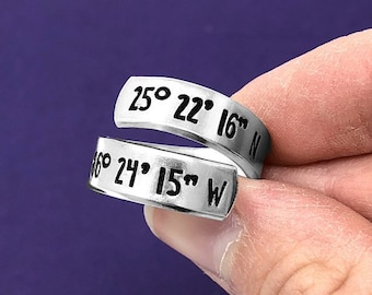 GPS Coordinates Ring, Hand Stamped Ring, Wrap Ring, Favorite Place, Latitude Longitude, Personalized Gift Coordinates Jewelry Christmas Gift