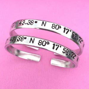 Set of 2 Coordinate Bracelet, Hand Stamped Bracelet, Personalized Gift, Skinny Bangle, Longitude Latitude, GPS Location, Cuff Bracelet