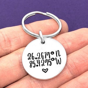 Coordinate Keychain Hand Stamped Keychain Round Keychain Personalized Keychain Personalized Gift Long Distance Relationship Gift For Her