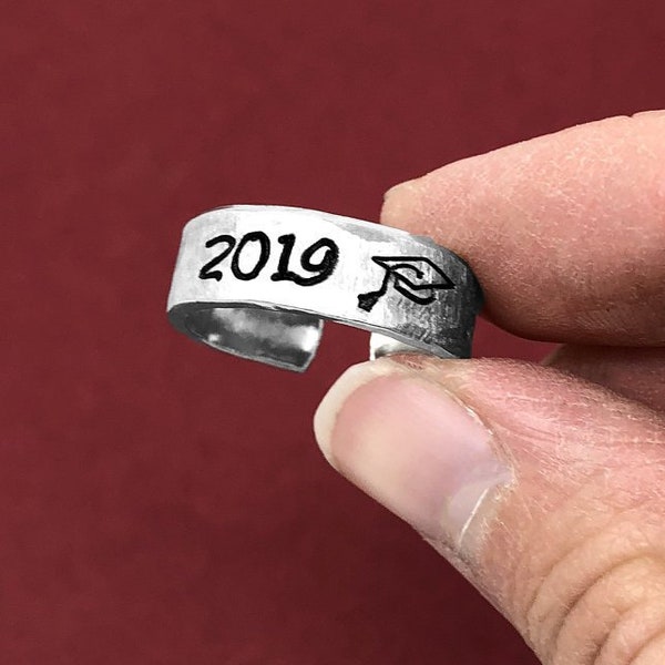 Hand Stamped Ring, Class of 2020 Ring Hammered Ring, Cuff Ring Adjustable Ring, Graduation Gift, Class Ring, Grad Cap Ring Grad Student Gift