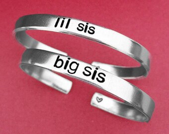 Set Of 2 Lil Sis Big Sis Bracelets, Bracelets For Friends, Hand Stamped Bracelet, Gift For Sister, Personalized Gift, Sorority Sister Gift