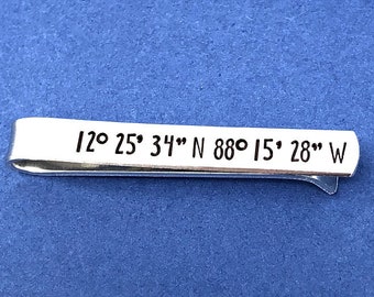 GPS Coordinates Hand Stamped Tie Clip, Aluminum Tie Bar, Personalized Gift, Custom Gift, Latitude Longitude, Long Distance Relationship Gift