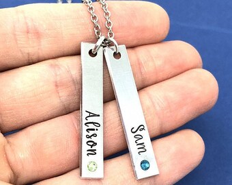Name Necklace, Birthstone Bar, Hand Stamped Gift, Personalized Jewelry, Double Vertical Bar Necklace, Skinny Bar, Mothers Day Gift Wedding