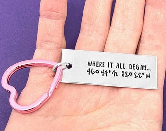 Coordinates Keychain, Where It All Began Keychain, Wedding Gift, Wife Gift, Anniversary Gift, Keychain For Girlfriend, Long Distance Gift