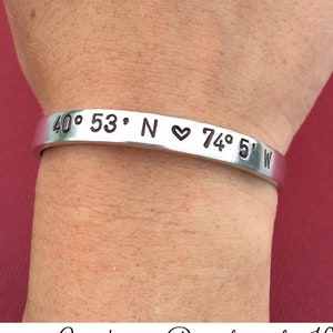 Custom Coordinates with Heart, Hand Stamped Bracelet, Personalized Gift, Latitude Longitude, Coordinate Bracelet, Cuff Bracelet, GPS Jewelry