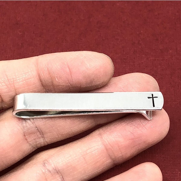 Cross Hand Stamped Tie Clip, Aluminum Bar, Personalized Gift for Him, Custom Hand Stamped, Wedding Accessories, Church Tie, Easter Gift