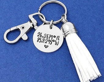 Tassel Keychain, Coordinates Keychain, Keychains For Women, Personalized Keychain, Bag Clip, Purse Charm, Friend Gift, Graduation Gift, Wife