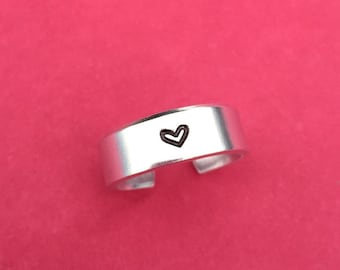 Heart Hand Stamped Ring Cuff Band Aluminum Adjustable Shiny Silver - Gift For Her - Friend - Sister - Mother - Daughter - Bridesmaid Gift