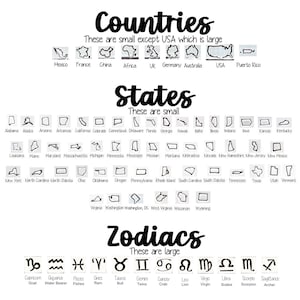 May include: A black and white graphic featuring outlines of countries, U.S. states, and zodiac symbols. The countries include Mexico, France, China, and the USA. The states are from Alabama to Wyoming. Zodiac signs include Capricorn and Aquarius.